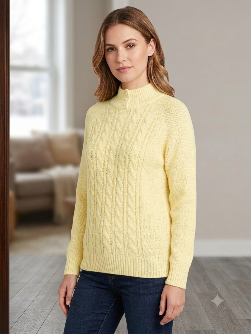 Karen Scott Cable Knit Sweater M Pastel Yellow Mock Neck Preppy Ivy League Cozy